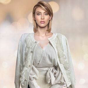 Rare 2023 CHANEL Sequin Ruffle Jacket | Sunburst Strass Buttons, Ivory Jacquard